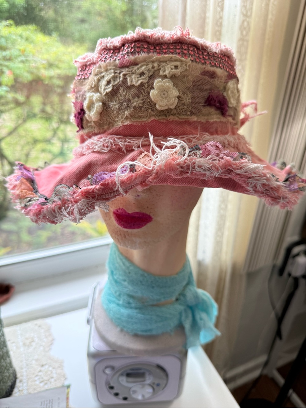 Handmade Upcycled Pink Denim Bucket Hat Wearable Art Vintage Lace Size M/L